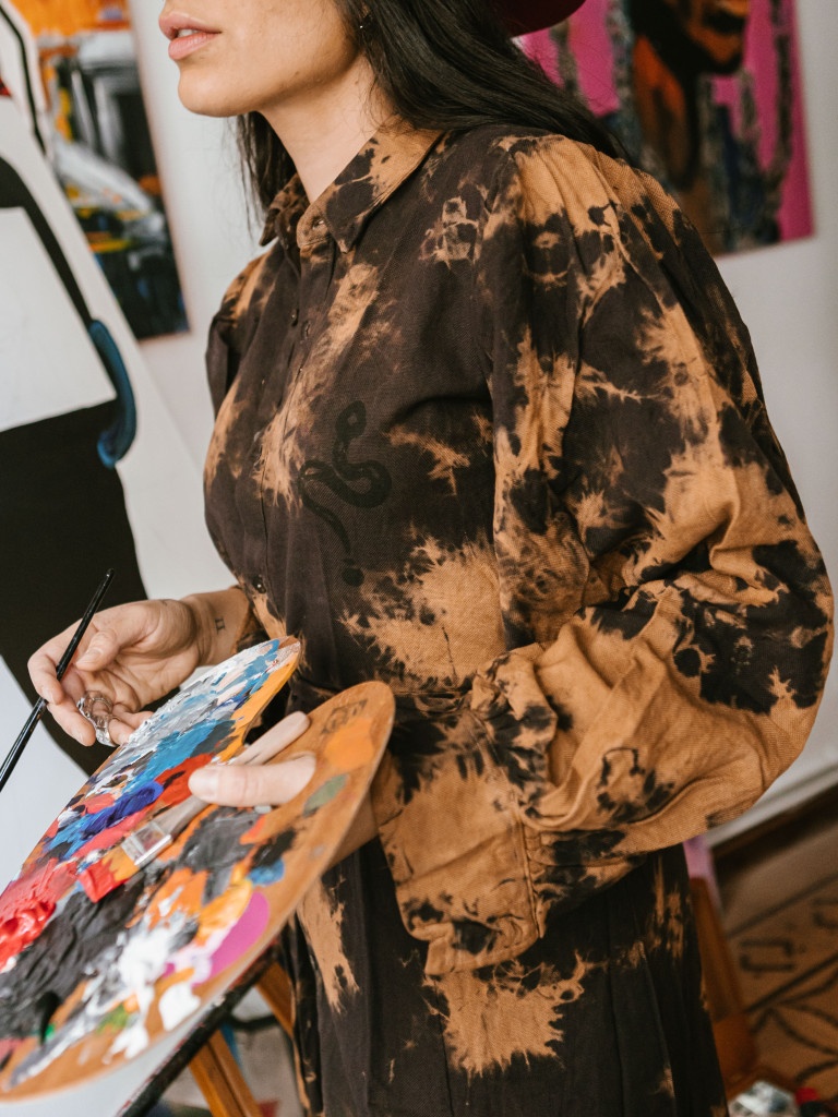 SERPENT TIE DYE SHIRRED DRESS